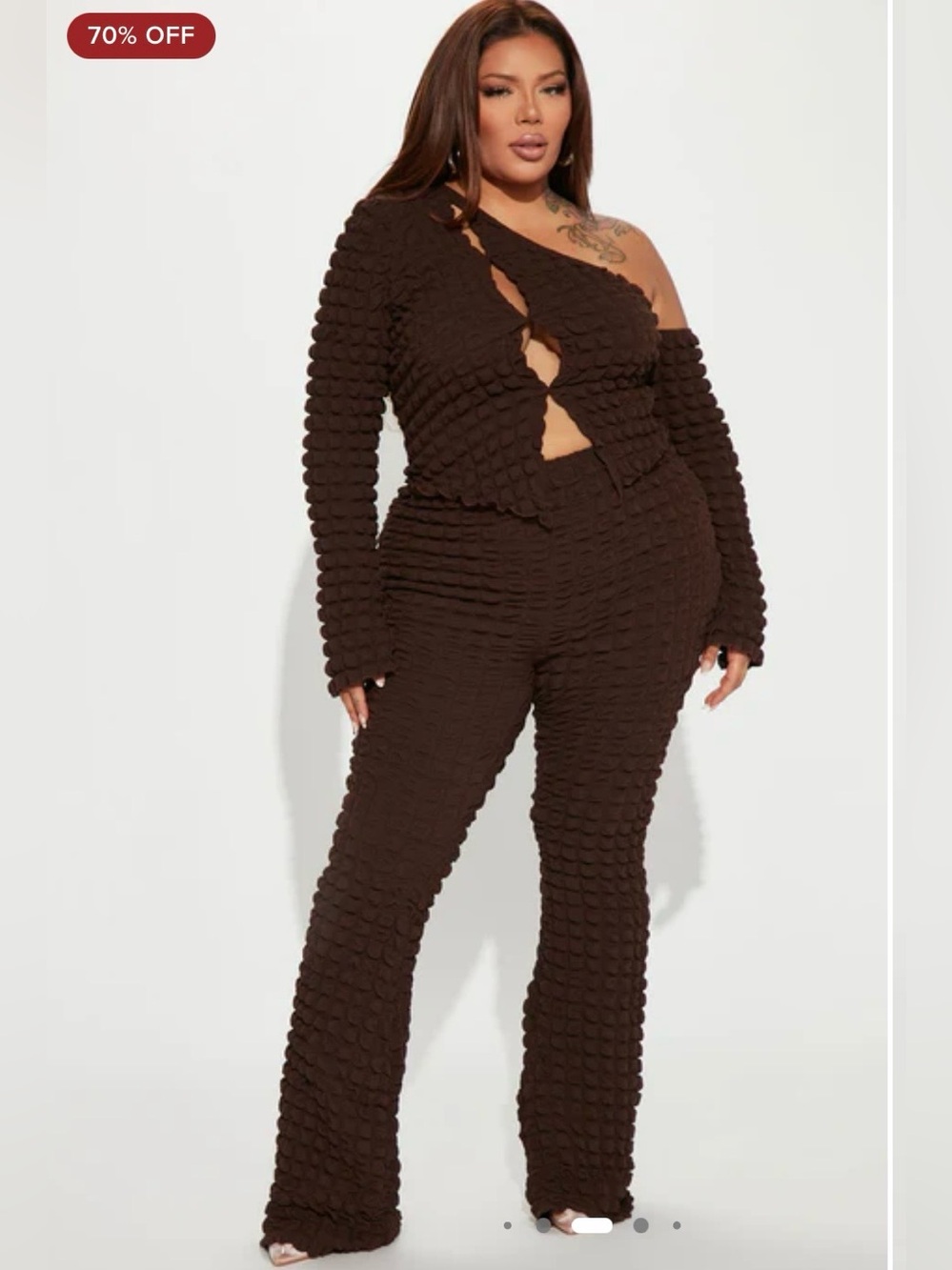 Fashion Nova Women's Textured One-Shoulder Brown Wide Leg 2 Piece Set